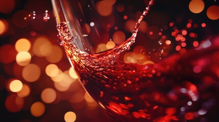 Close-up of a dynamic red wine splash in glass, with abstract warm lights in the background for a luxurious look. No people.