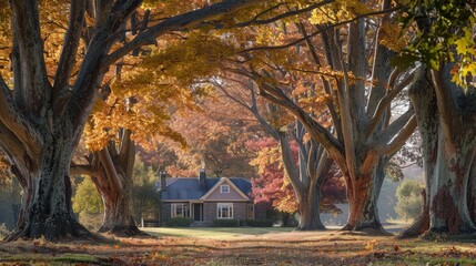 Wall Mural - A tranquil autumn scene with a house tucked away among large trees, their leaves a tapestry of autumn hues, all softly lit by the sun.