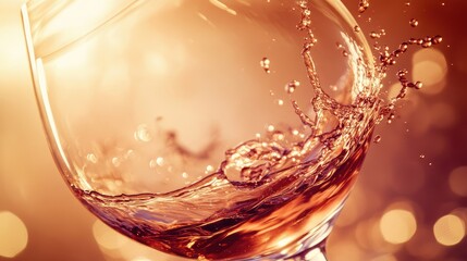 Close-up of artistic wine splash in a glass, with a luxurious, warm-toned light background. No people.