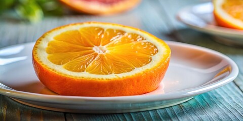 Wall Mural - Close-up of a vibrant orange slice elegantly placed on a dessert plate, with selective focus on the fruit