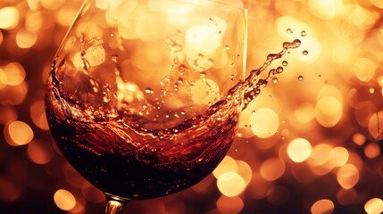 Close-up view of red wine creating a splash in a glass, set against an abstract, warm-toned light display. No people.