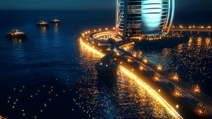 Wall Mural - Aerial view of a luxury resort with a winding road at night.