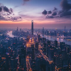 Wall Mural - Aerial view of a modern city skyline at dusk with a river winding through it.