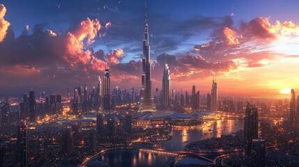 Wall Mural - Aerial view of a modern city skyline at sunset with a tall skyscraper in the center.