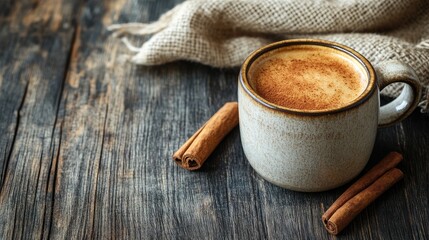 Flat lay of a coffee cup with a cinnamon stick on a textured wooden table, creating a cozy and warm feel. No logo, no people.