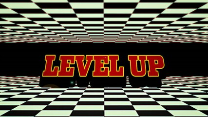 Canvas Print - Animation of level up text over black and white squares on black background