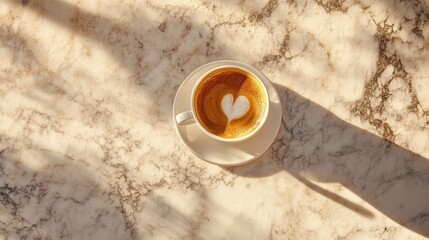 Wall Mural - Flat lay of a cup of coffee on a granite tabletop, with light reflections adding depth and interest. No logo, no people.