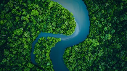 Wall Mural - Aerial view of a winding river through a lush green forest.