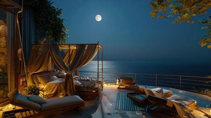 Wall Mural - a tranquil terrace overlooking the ocean, with comfortable chairs and a canopy bed draped in flowing