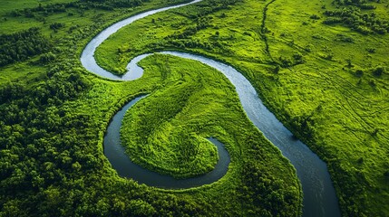 Wall Mural - Aerial view of a winding river through a lush green forest.