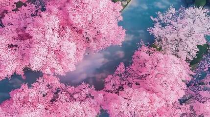 Poster - Aerial view of cherry blossom trees surrounding a pond.