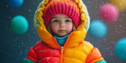 young girl model in a studio in a big oversized colorful bomber jacket