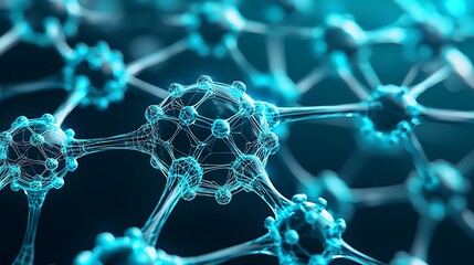 A 3D rendering of a blue molecular structure, a web of connected dots and lines.