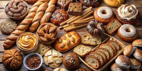 Assortment of freshly baked goods including bars, breads, cookies, cakes, pies, and muffins