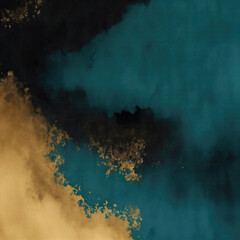 Wall Mural - Abstract dark Black teal and golden watercolor paint grunge texture background