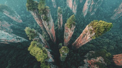 Wall Mural - Aerial view of tall rock formations with trees on top in a lush green forest.