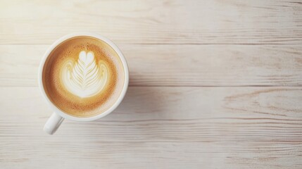 Wall Mural - Top view of a coffee cup with latte art on a light wooden table, exuding a calming morning vibe. No logo, no people.