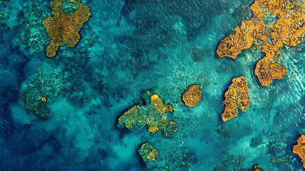 Canvas Print - Aerial view of turquoise water with coral reefs.