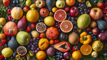 Top view of many different fruits on the table. Various fruits and berries on the table. Fruit, food concept.