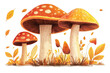 © Sodapeaw - A whimsical illustration of three vibrant mushrooms surrounded by autumn leaves, capturing the essence of fall in a magical forest setting.