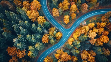 Wall Mural - An aerial view of a winding road through a forest with vibrant autumn foliage.