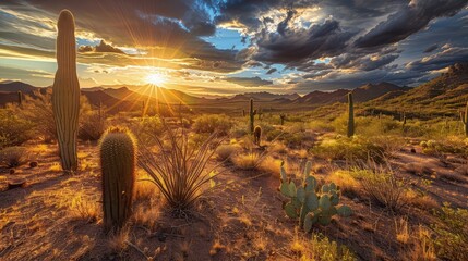 Wall Mural - A vast, sun-drenched desert landscape with rolling sand dunes, cacti, and a dramatic sunset sky.