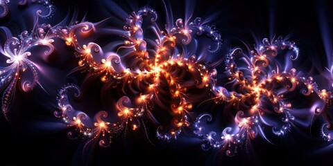 A digital art piece featuring a colorful fractal with swirling patterns and glowing lights