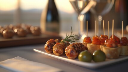 Poster - Appetizers with grilled chicken, tomato salsa, and olives on white plate.