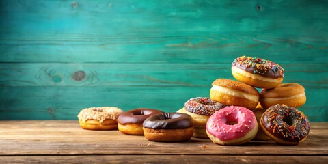 Wall Mural - Variety of delicious doughnuts and doughs on wooden table with teal blue background