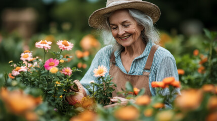 Happy Senior Woman Gardening – An older woman happily planting flowers in her garden.