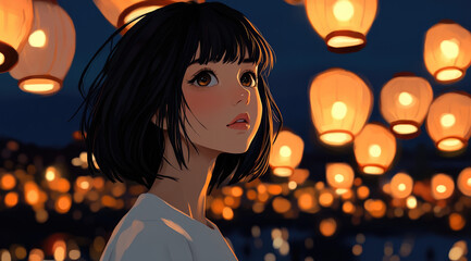 Canvas Print -  illustration of a cute girl in a white shirt and red ribbon on her head, standing under hanging lanterns at night.