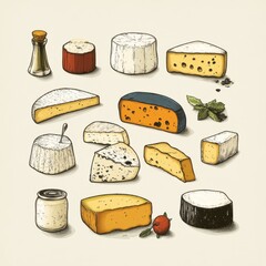 Canvas Print - Assortment of different types of cheese with a bottle of oil and a jar of cream.