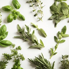 Poster - Assortment of fresh green herbs on a white background.