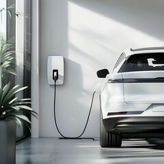 A white car is charging at a charging station generative AI