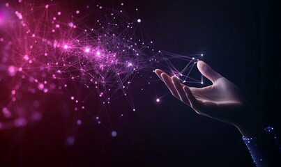 Wall Mural - hand reaching towards abstract digital network symbolizing technology and business growth with purpl