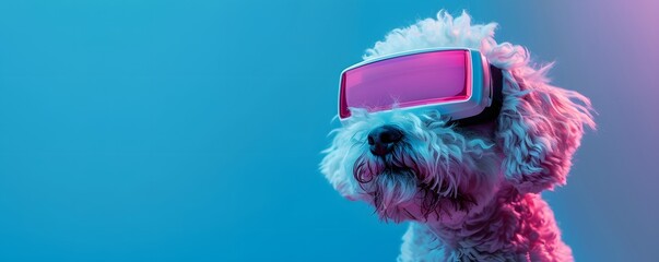 White Dog Wearing Pink Goggles in Blue Light