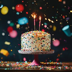 Poster - Birthday cake with two lit candles on a cake stand with confetti falling around it.