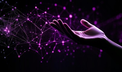 Wall Mural - hand reaching towards abstract digital network symbolizing technology and business growth with purpl
