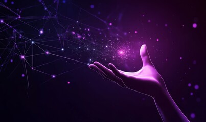 Wall Mural - hand reaching towards abstract digital network symbolizing technology and business growth with purpl