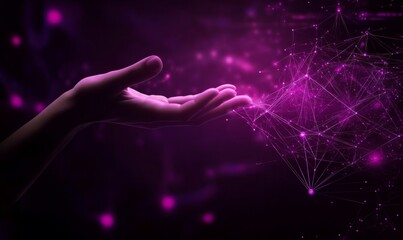 Wall Mural - hand reaching towards abstract digital network symbolizing technology and business growth with purpl