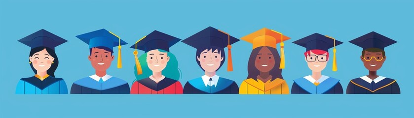 Wall Mural - Graduation ceremony, students in caps and gowns, flat design illustration