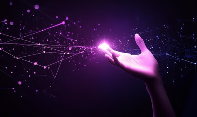 Wall Mural - hand reaching towards abstract digital network symbolizing technology and business growth with purpl