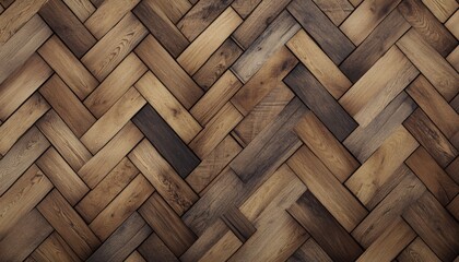 Herringbone patterned wooden flooring showcases a variety of natural shades and unique textures