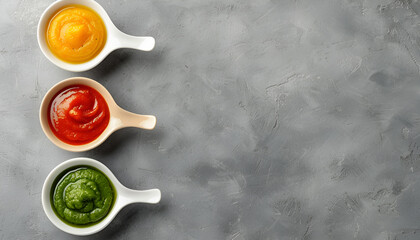 Bowls with baby food on grey background