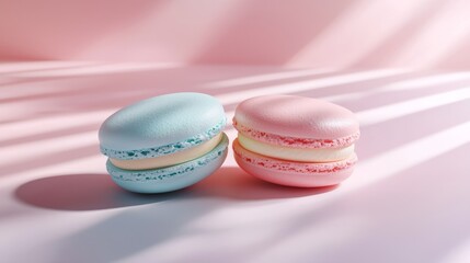 Poster - Blue and pink macarons with cream filling on a pink background.