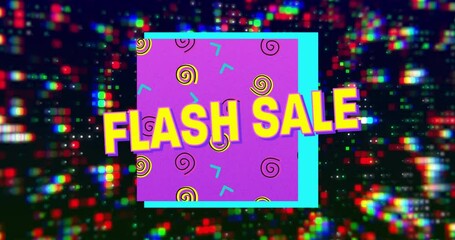 Sticker - Animation of flash sale text over colourful shapes and light spots on black background