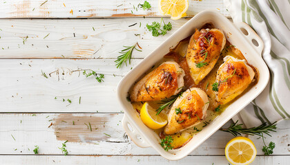 Delicious chicken breasts with lemon in baking dish on table