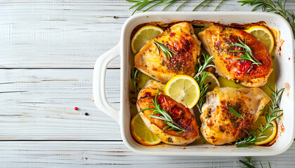 Canvas Print - Delicious chicken breasts with lemon in baking dish on table