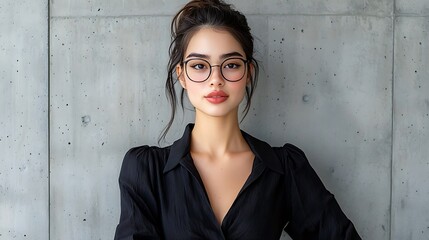 Wall Mural - A young woman in glasses gazes directly at the camera, her expression thoughtful and serene.