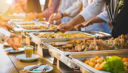 people catering buffet food indoor restaurant on table with drinks, meat, vegetables; blurred background